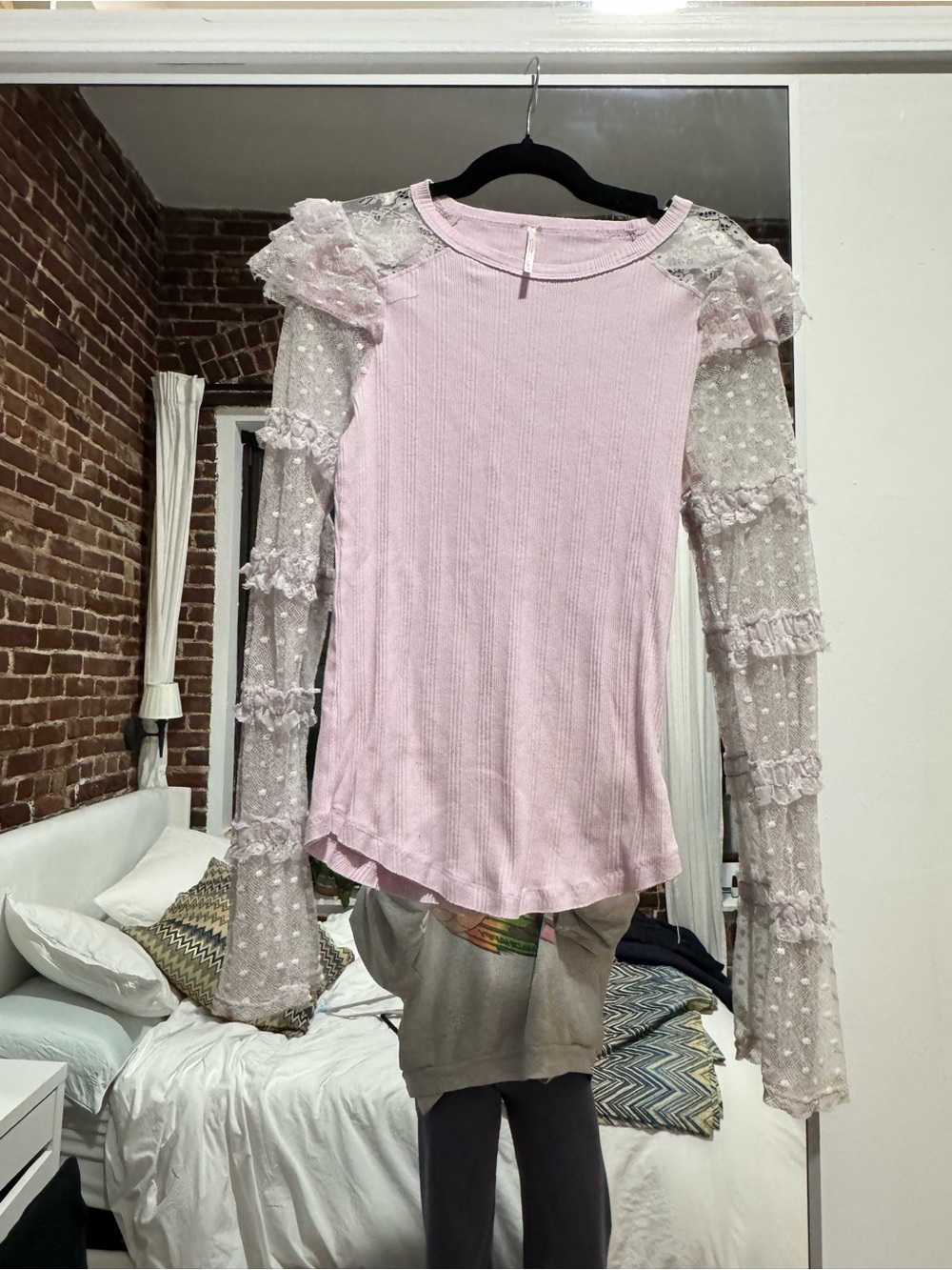 Free People Pale Pink Ribbed Top with Sheer Polka Dot Ruffle Sleeves
